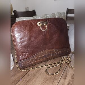Portofino Collection Elegant Brown Genuine Leather Crossbody Bag Or Clutch.